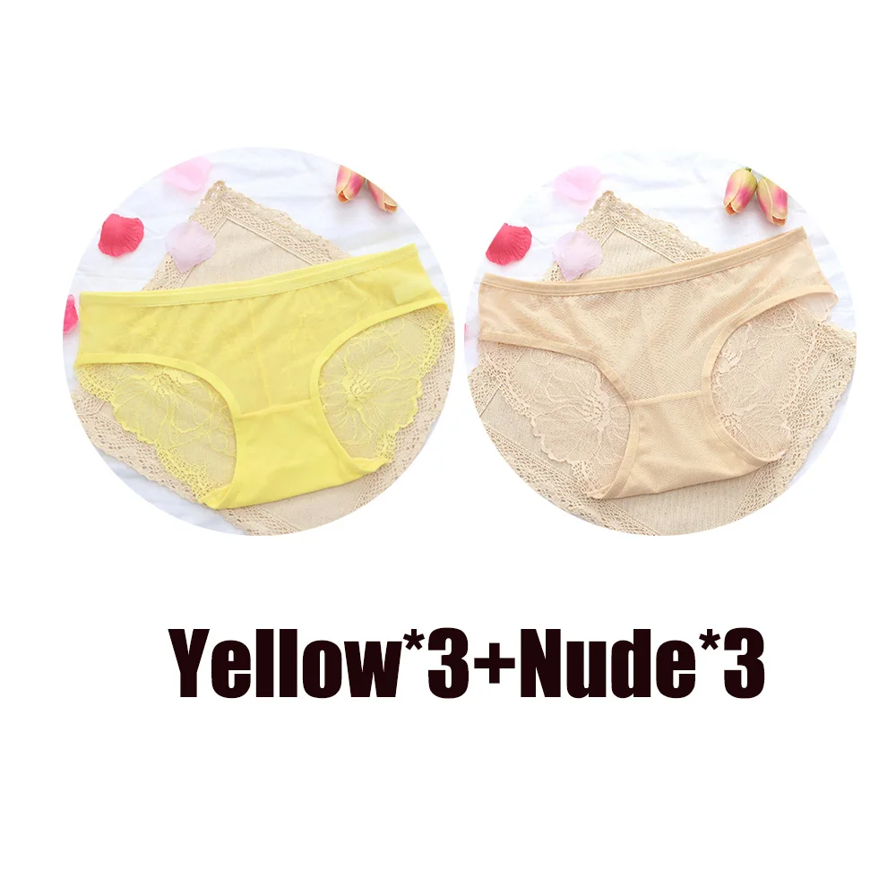 3Yellow 3Nude 6 шт. в упаковке, трусики, сексуальные кружевные трусы для женщин, низкая посадка, плюс размер, нижнее белье, сетчатые прозрачные трусики, женское нижнее белье - Цвет: 3Yellow 3Nude