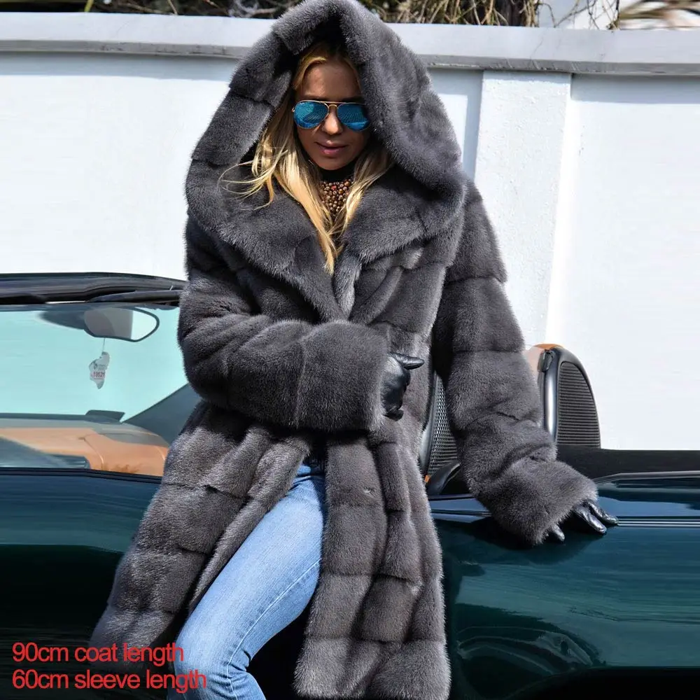 Furealux Новое поступление серое роскошное Норковое Пальто с капюшоном для женщин теплые свободные натуральные норковые меховые куртки женские с поясом Большая распродажа - Цвет: Hood MKW-119
