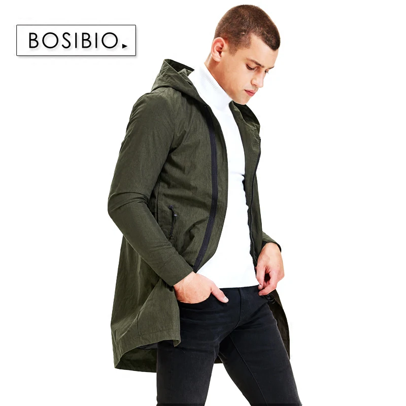 Army green BOSIBIO модный Мужской плащ армейский зеленый худи Длинные куртки весна осень мужские ветровки высокое качество 9203 - Цвет: Army green