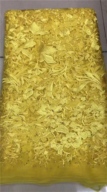 Желтая Цветочная дизайнерская сетчатая кружевная ткань с блестками африканские