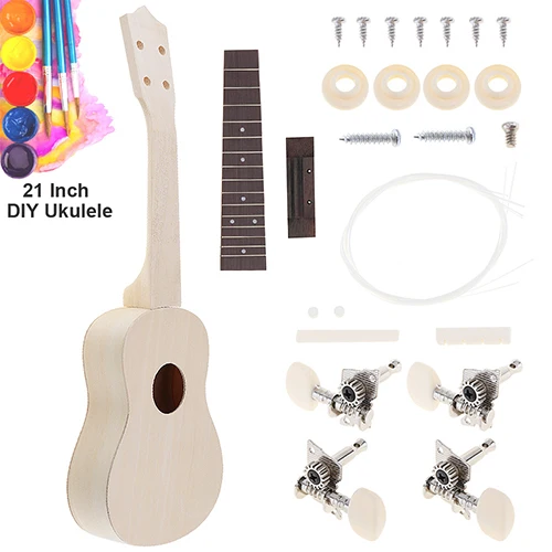 21 дюймов Гавайские гитары укулеле DIY Kit липа сопрано Гавайи Гитара картина ручной работы Ukelele для родителей и детей, детская игрушка - Цвет: Round Hole