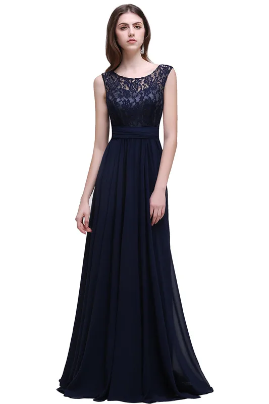 Navy Blue Бургундское шифоновое длинное вечернее платье с глубоким круглым декольте вечернее платье без рукавов robe de soiree - Цвет: Navy Blue