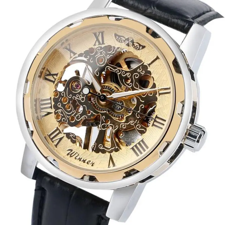 Скелет механические часы Для мужчин кожа циферблат Автоматическая Бизнес