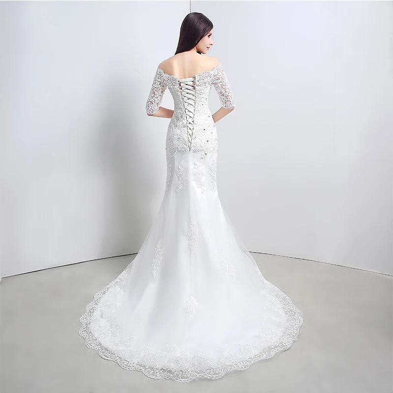 Vintage Mermaid Wedding Dresses Boat Neck Off The Shoulder Illusion Half Sleeves Appliques Diamonds robe de soiree Gowns | Свадьбы и
