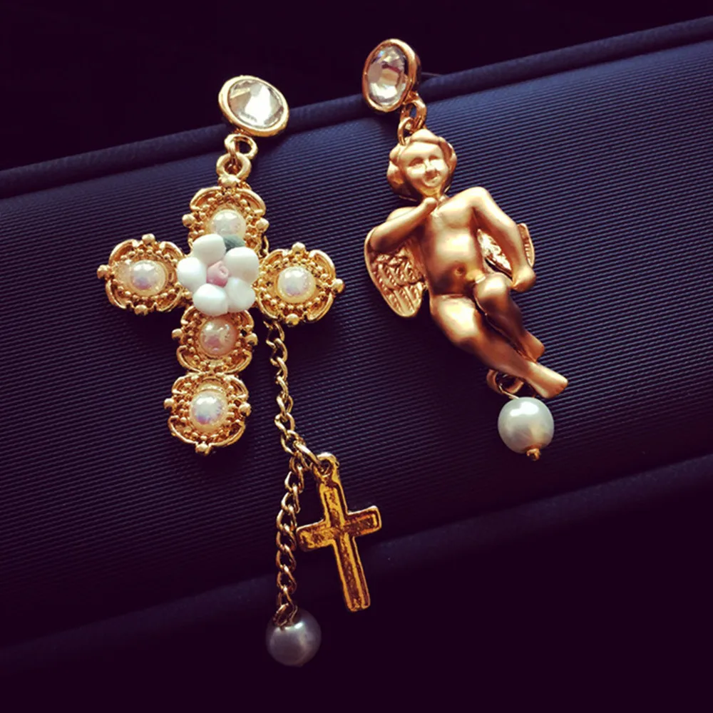Фото Винтажные жемчужные серьги с крестиком ангела модные ювелирные изделия