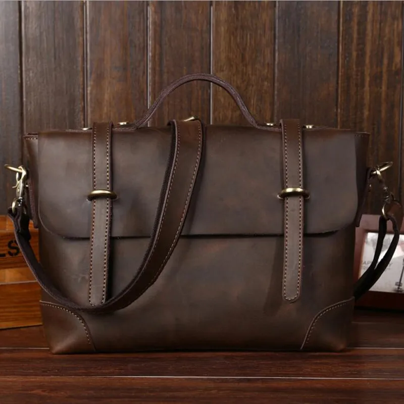 

High Quality Vintage Laptop Briefcase Crazy Horse Real Genuine Leather Men Business Bag Mens New Fashion Tote Bag Messenger Bag