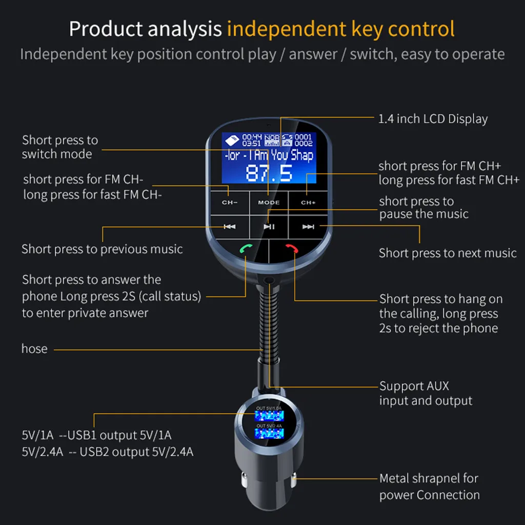 Автомобильный комплект Bluetooth, fm-передатчик, mp3-плеер, Автомобильный дисплей X, Bluetooth, двойной порт, USB, AUX, аудио вход, TF карта, автомобильный fm-передатчик