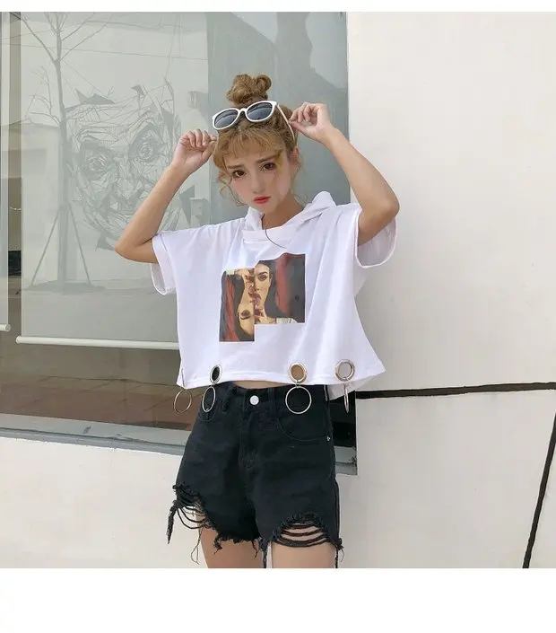 YouGeMan летние футболки корейский Ulzzang BF Harajuku личность круг кольцо Футболка женская повседневная короткая с капюшоном Футболка Топ