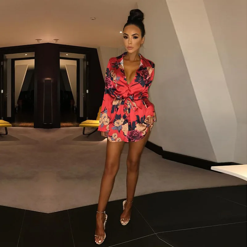 2019 летние Цветочный принт пояса зубчатый рубашка платье Для женщин с длинным