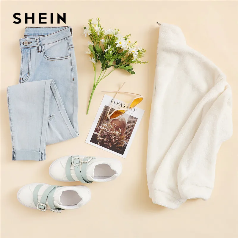 SHEIN Однотонный Свитшот С Высоким Воротником, Свитшот Из Эко Меха Повседневные Женские Толстовки