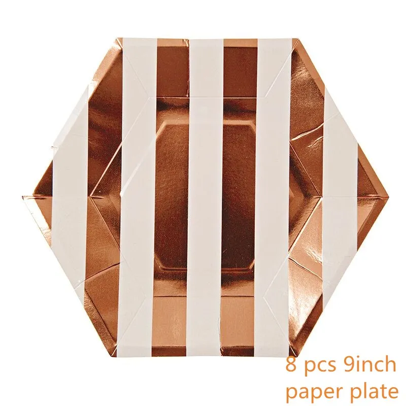 8pcs 9 inch plate Розовые бумажные золотистые тарелки чашки салфетки трубочки для свадьбы с днем рождения вечерние украшения одноразовые столовые приборы - Цвет: 8pcs 9 inch plate