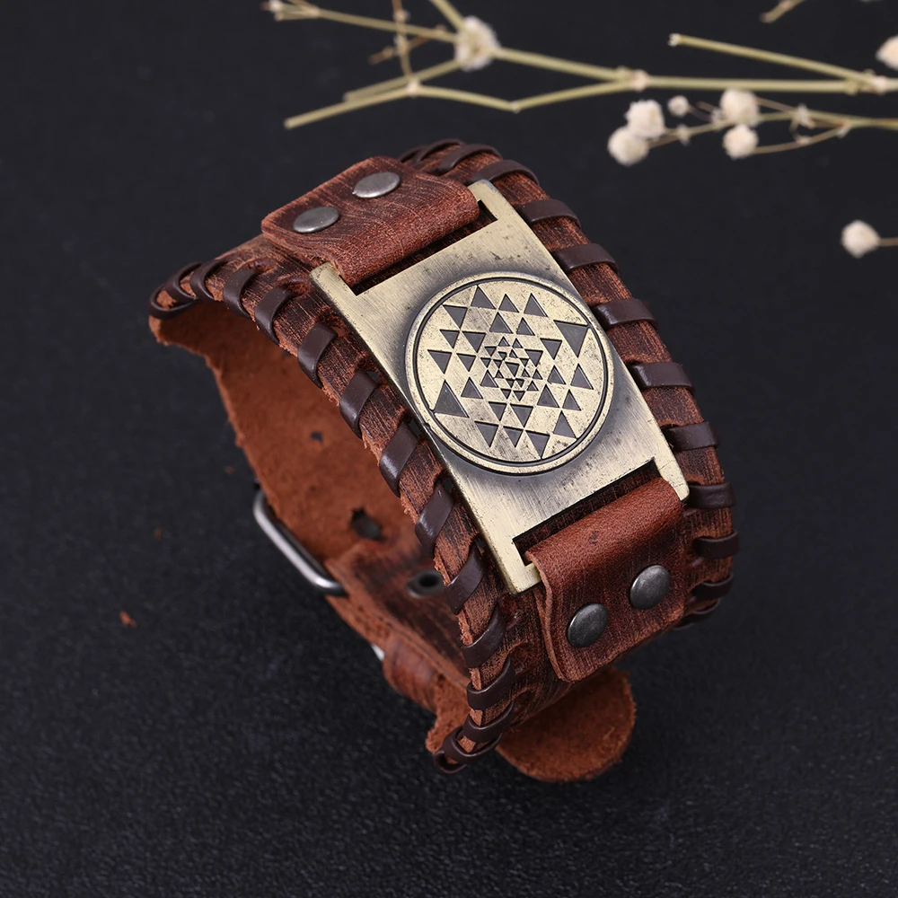 Teamer Antique Silver Copper Bronze Metal Bracelets Black Brown Wide Leather Bracelet Vintage Triangle In Round Charm | Украшения и