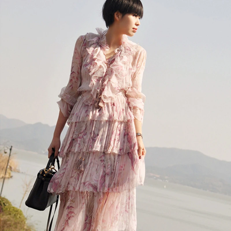 100% шелк Многоуровневое праздник слоистые оборки кокетливые платья очень тонкие |