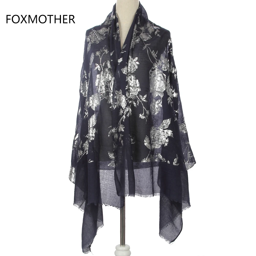 FOXMOTHER Модный Блестящий черный розовый цветочный узор Блестящий Фольга Серебряный длинный хиджаб бахрома шарфы для женщин дамы