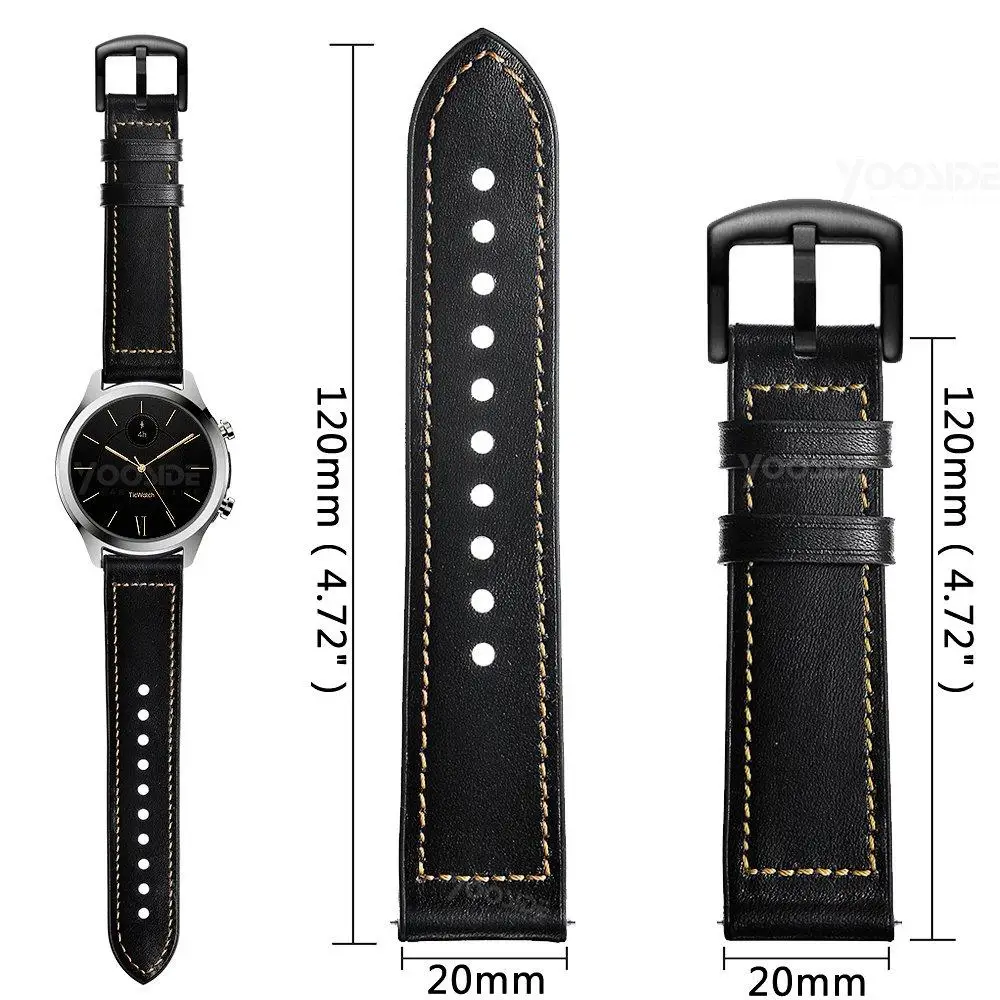TicWatch C2 браслет 20 мм быстросъемный из натуральной кожи Силиконовый ремешок для часов TicWatch C2 оникс/платина, TicWatch2/E
