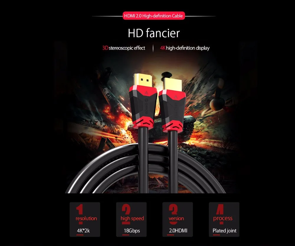 Высокоскоростной кабель ORICO HDMI 2,0, 18 Гбит/с, 4 K, HDMI-HDMI кабель, разъем для проектора PS3, Apple HD tv, компьютер, 0,5 м, 1 м, 5 м
