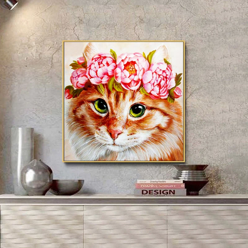 Diy 5D Diamond Painting Animal Full Round Mosaic Cat and Flower Embroidery Pattern Handmade Gift | Дом и сад