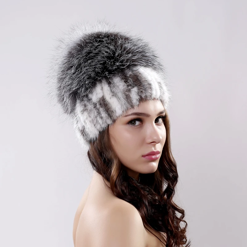 

Russia Style 100% Real Knitted Mink Fur Hat With Large Silver Fox Fur Pom Poms Beanies Elegant Women Natural Fur cap headdress