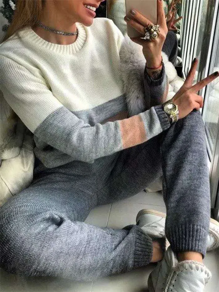 ALPHALMODA Ensemble Femme; комплект из 2 предметов; панталоны в полоску; джемпер с длинными рукавами+ брюки; женские вязаные комплекты