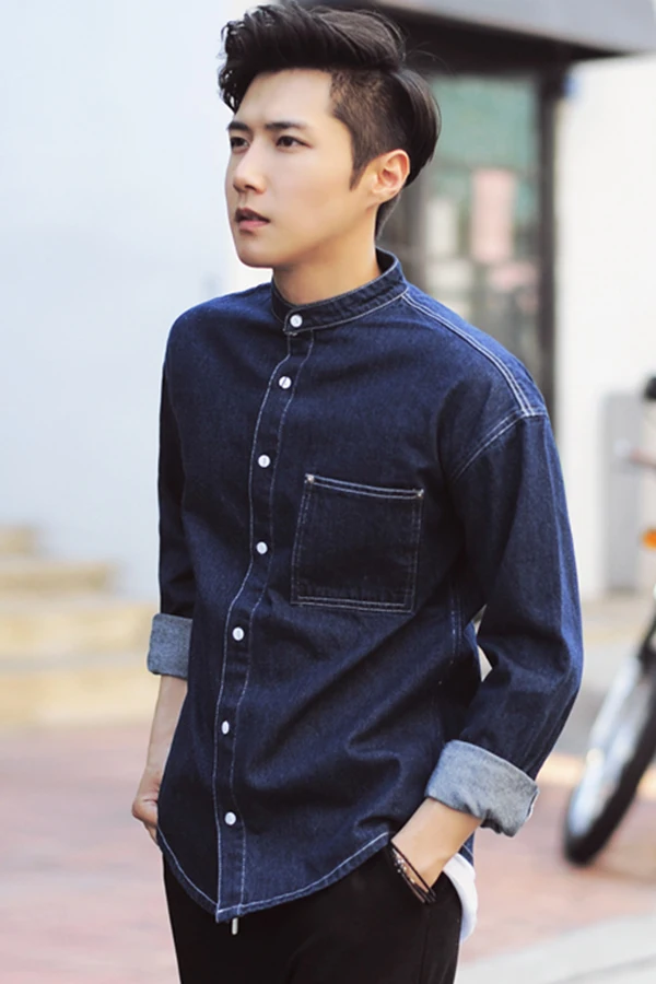 

M-2XL!!Vintage stand collar denim shirt male long-sleeve slim thin men's clothing top spring and autumn shirt