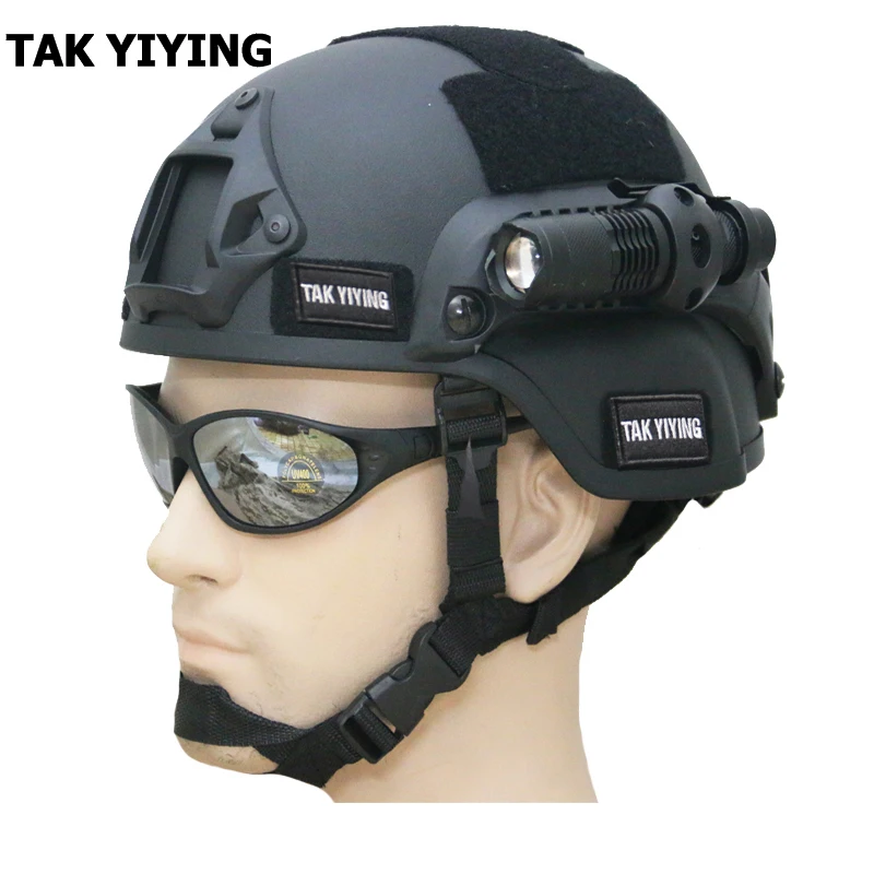 

TAK YIYING MICH 2000 Style ACH Tactical Helmet with NVG Mount and Single Clamp 1" 25.4mm Mount W/ Mini T6 LED Flashligh BLACK