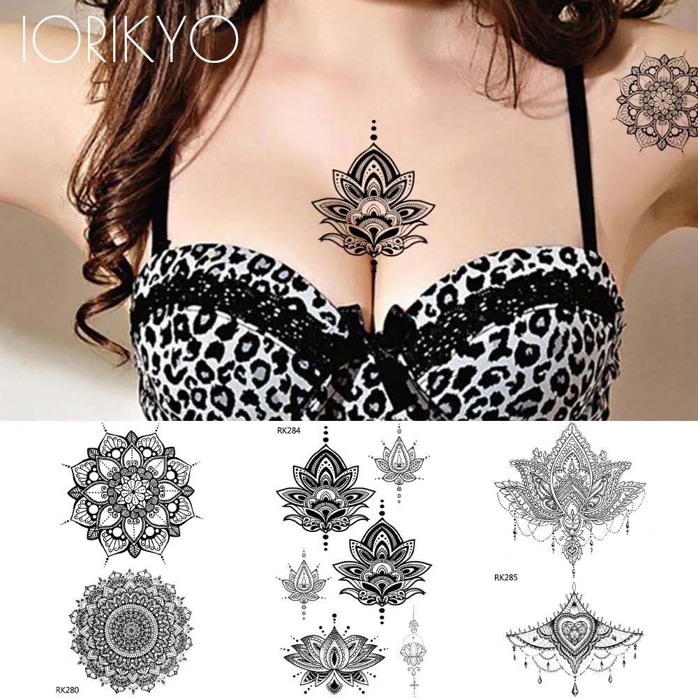 IORIKYO кружевные узоры из хны черные женские татуировки наклейки на руку кулон цветок мандалы временная татуировка Mehandi девушка на грудь фальшивые татуировки макияж