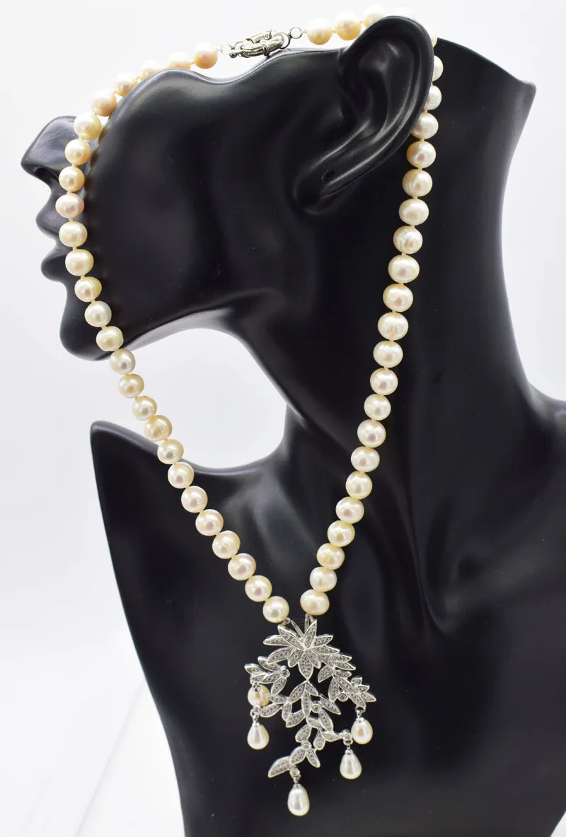 

one set freshwater pearl near round 9-10mm white and flower zircon pendant necklace earrings 19inch FPPJ wholesale