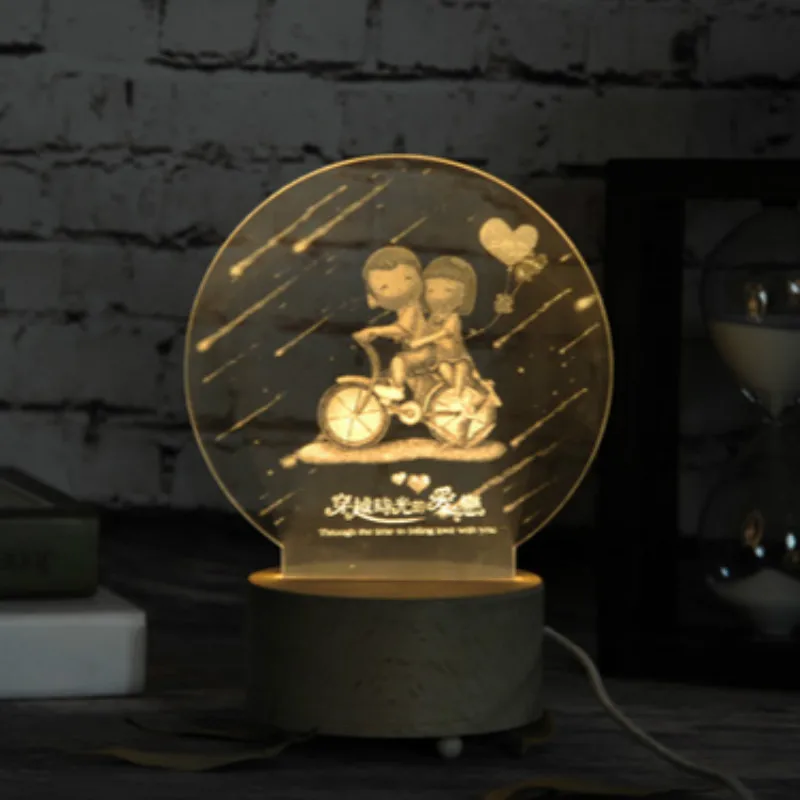 Одуванчик/Единорог 3D светодиодный ночник деревянная основа с музыкальной коробкой Затемнение/Съемный переключатель маленькая девочка подарок Спальня деко лампа IY804015 - Испускаемый цвет: Cycling couple