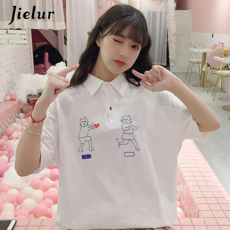 Jielur женская футболка летняя Мультяшные кошки сердце принт белый желтый Harajuku