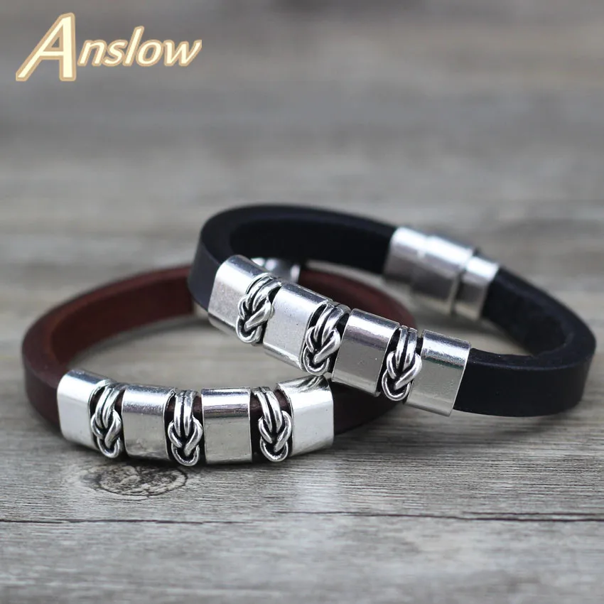 Anslow, новинка, винтажный Ретро стиль, кожаный браслет и браслеты для женщин и мужчин, унисекс, преувеличенный металл, черный, подарок в пятницу, LOW0673LB