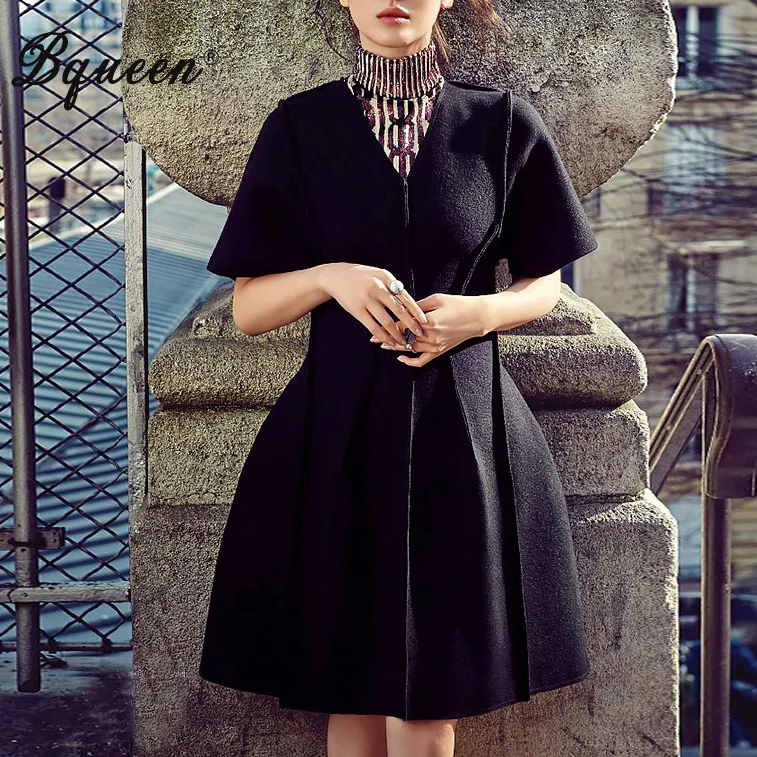

Bqueen 2017 New Fashion V-Neck Zipper Temperament Slim Long Women Basic Woolen Women Dress Coat