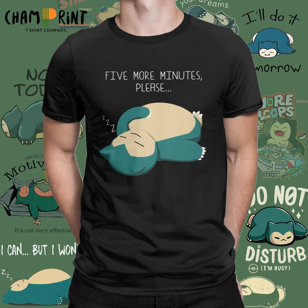 Новинка футболки с надписью Five More Minutes Not Today Snorlax Покемон Аниме мужские хлопковые
