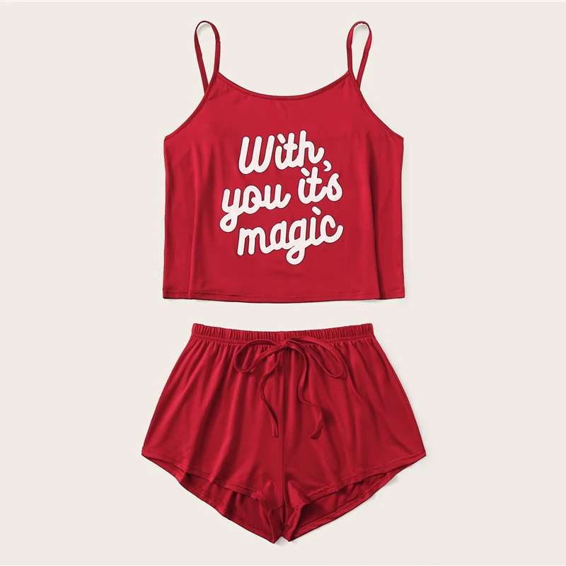 SweatyRocks Bright Red Letter Print Cami Pajama Set Kawaii Sleeveless Pajamas For Women Short Sets Summer Casual Pajama Sets