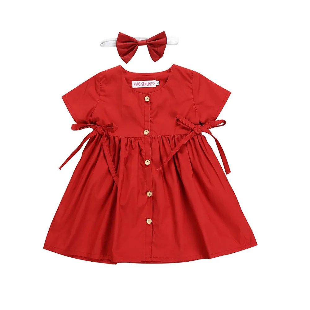 baby girl summer dress cotton button short sleeve princess dress+headband 2pcs children outfit fashion clothes 2019 | Детская одежда и