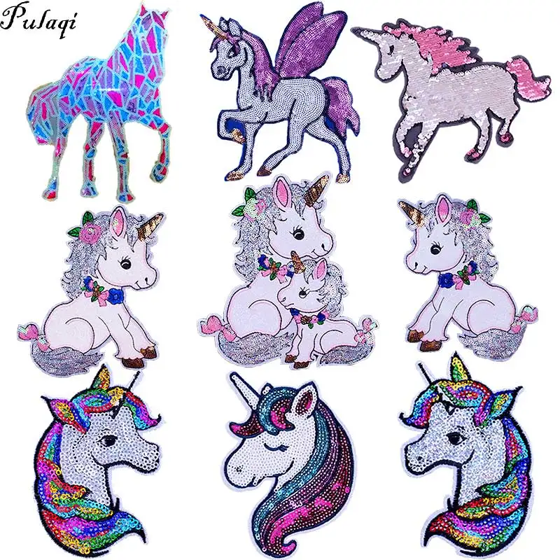 Pulaqi Sequined Patch Unicorn Embroidered Sew On Patches For Clothing DIY Sequin Applique Clothes H | Дом и сад