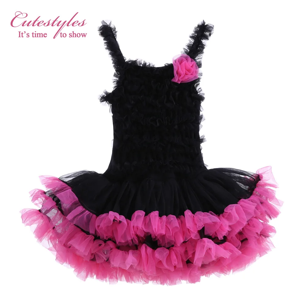 Cutestyle Fashionable Black And Hot Pink Girls Tutu Dress With Flower Multilayer Princess Ballet Dance Costume TD20423-06 | Детская