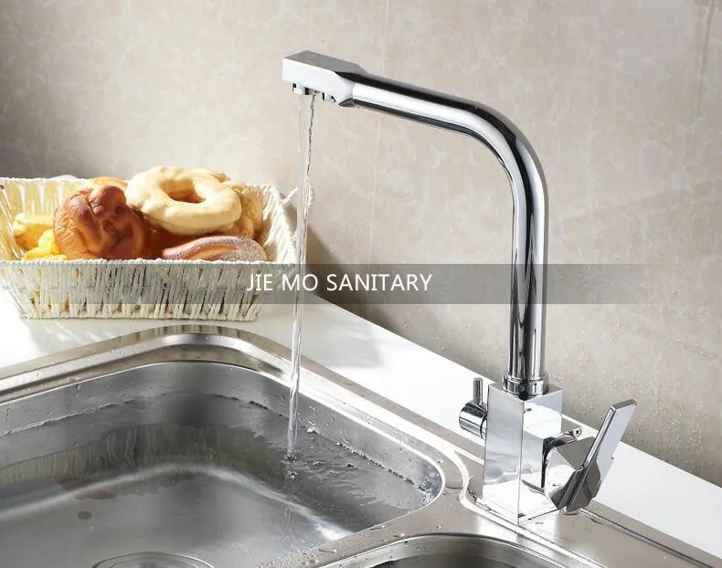 Хром Латунь Кухня Раковина Кран Фильтр Очистки Воды Поворотным Изливом смесители 2 выход воды поворотный нажмите JM081