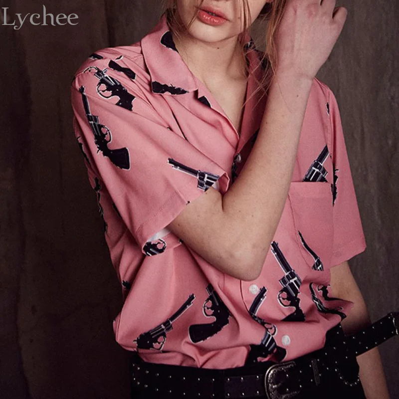 Lychee Harajuku панк Летняя женская блузка с принтом пистолета Повседневная Свободная рубашка с коротким рукавом топы