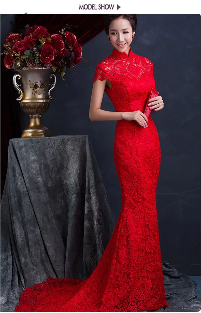 Красное Кружевное сексуальное платье с открытой спиной Cheongsam, длинное свадебное платье для невесты, китайское вечернее платье, женское свадебное платье Qipao, Современные вечерние платья, Халат
