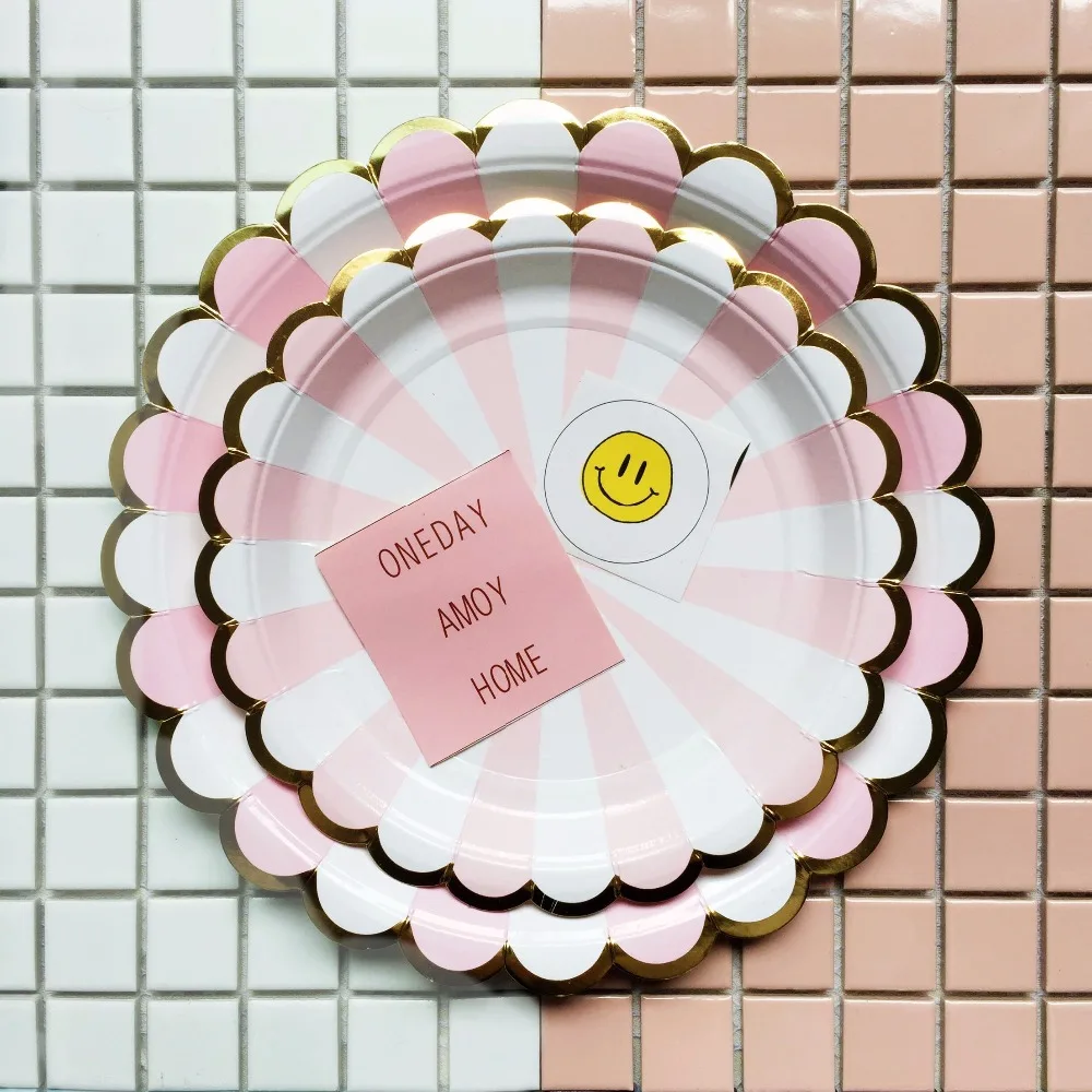 Бумажные тарелки и стаканы из розовой золотой фольги скатерть десертный ужин