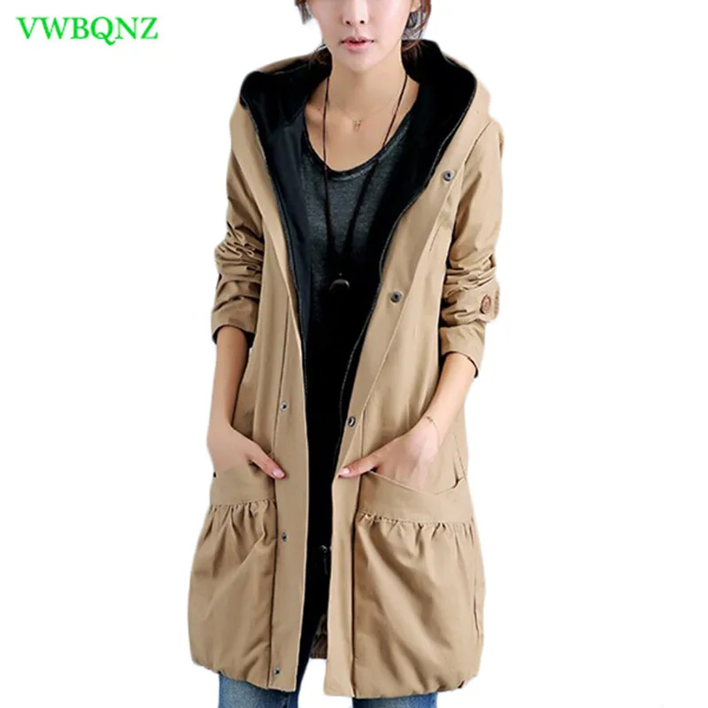 

Fake two pieces Windbreaker coat Women Spring Autumn Loose Long Trench coats Women's Casual Hooded Cardigan Overcoats A218