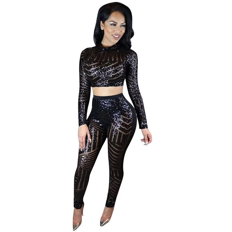 Женское боди с блестками повседневное из двух предметов длинным рукавом