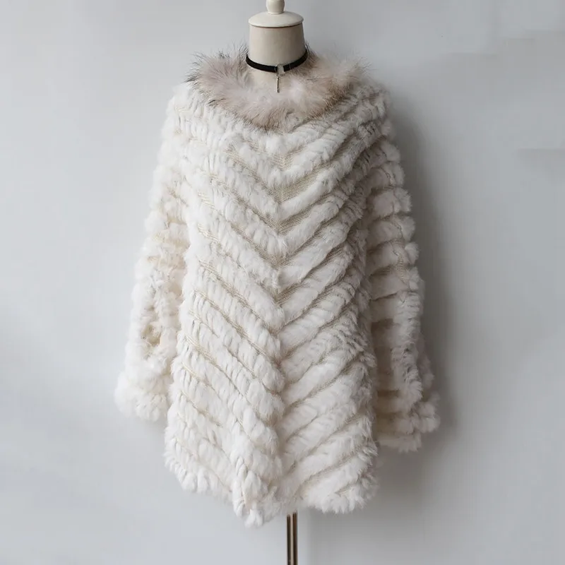 (TopFurMall) женское Вязаное пончо из кроличьего меха шали с воротником енота Женский