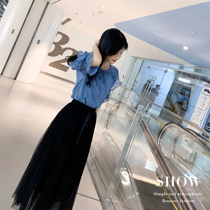 Летняя новая модная шифоновая рубашка с коротким рукавом Синяя Женская одежда