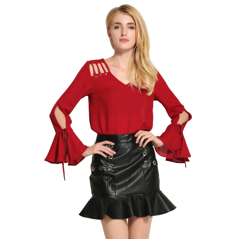 Мода Женщины Шифон Блузки Рубашки С Длинным Рукавом Blusas Mujer Твердые Выдалбливают