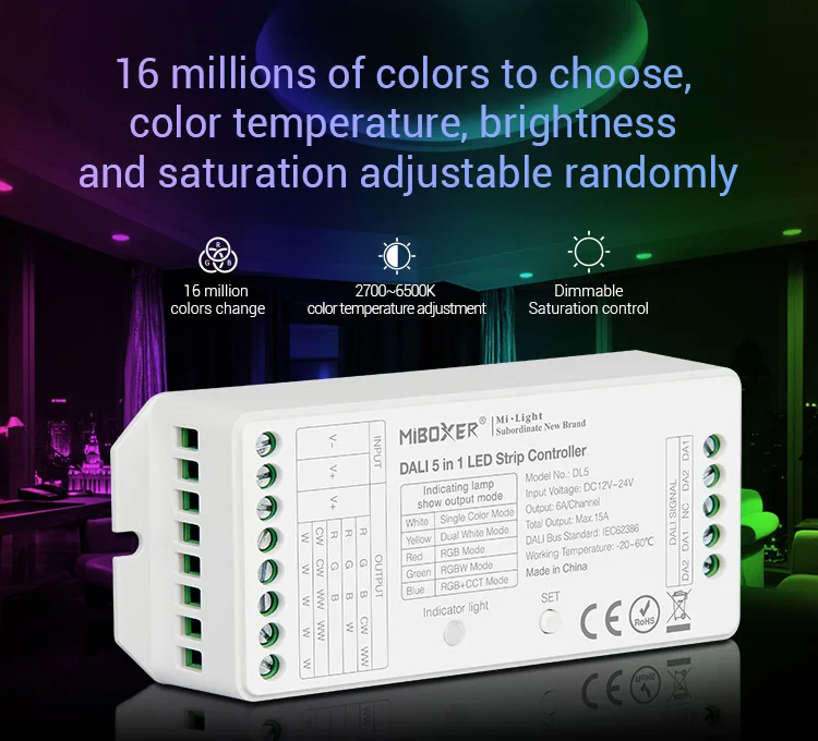 DL5 DP1 DP2 DP3 DALI RGB+CCT brightness color temperature dimming panel DALI Bus Power Supply 5 IN 1 LED Strip Controller