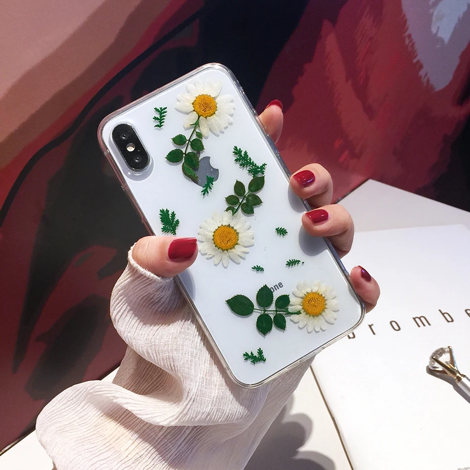 Qianliyao Real Dried Flower Phone Case For iPhone 11 Pro Max X Xr Xs Soft TPU Green leaf Back Cover for 7 8 Plus |