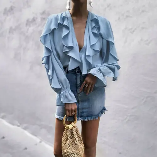 OL женская шифоновая блуза с рюшами и треугольным вырезом однотонная блузка