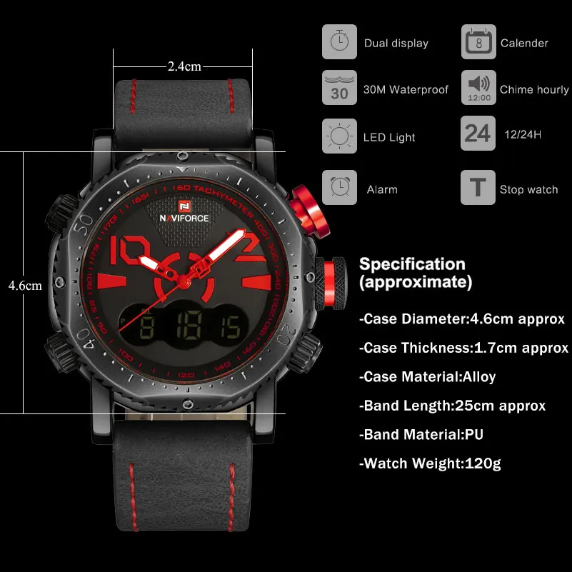 NAVIFORCE Брендовые мужские спортивные часы с двойным дисплеем цифровые кожаные