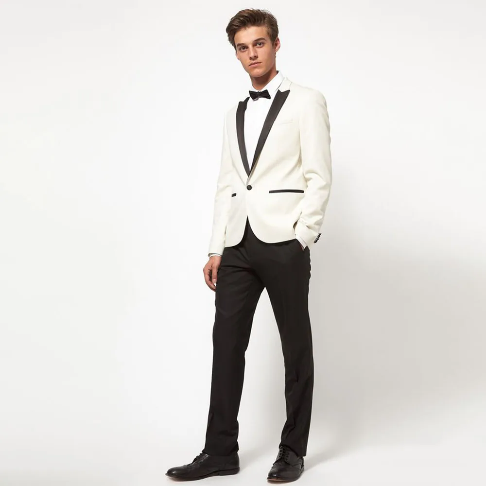 White Tuxedo Jacket Black Lapel Custom Made Suit white jacket + black pants tie pocket square Wedding Suits For Men | Мужская одежда
